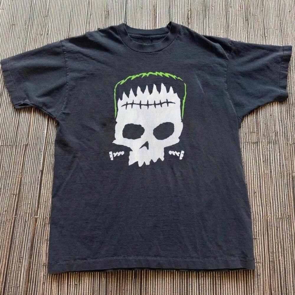 Gildan Black T Shirt Frankenstein Skull Black Cotton T Shirt - Picture 1 of 4